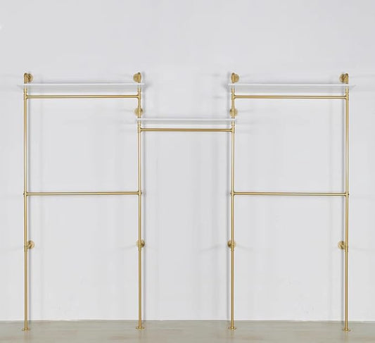 Industrial Pipe Clothing Rack Wall Mounted 5 Hanging Rods Garment Bar with Storage Shelf, Heavy Duty Metal Clothes Racks Closet System for Hanging Clothes Retail Display (Gold)