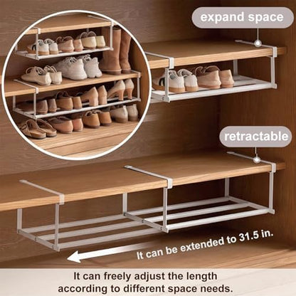 Expandable Shoe Rack Organizer - Adjustable Shoe Rack & Under Cabinet Shelf - for Shoe or Clothing Storage and Organization, Under Shelf Storage (White,2 Pcs)