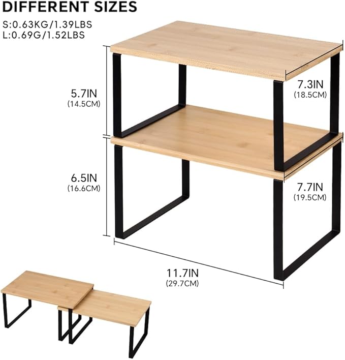 Kitchen Cabinet Organizer Shelf, Set of 2 Stackable Counter Shelves, Small Wood Cabinet Riser Shelf for Pantry Cupboard Spice Dish Mug Cup, Expandable, Metal Engineered Wood (Beige & Black, 11.7''W)