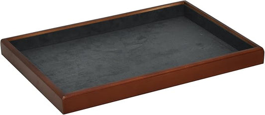 Elegant Wood Flat Jewelry Tray – 14"x9.5" Velvet Lined Display Organizer for Rings, Bracelets, Necklaces – Classic Wooden Storage for Vanity, Dresser, Countertop, Black&Brown