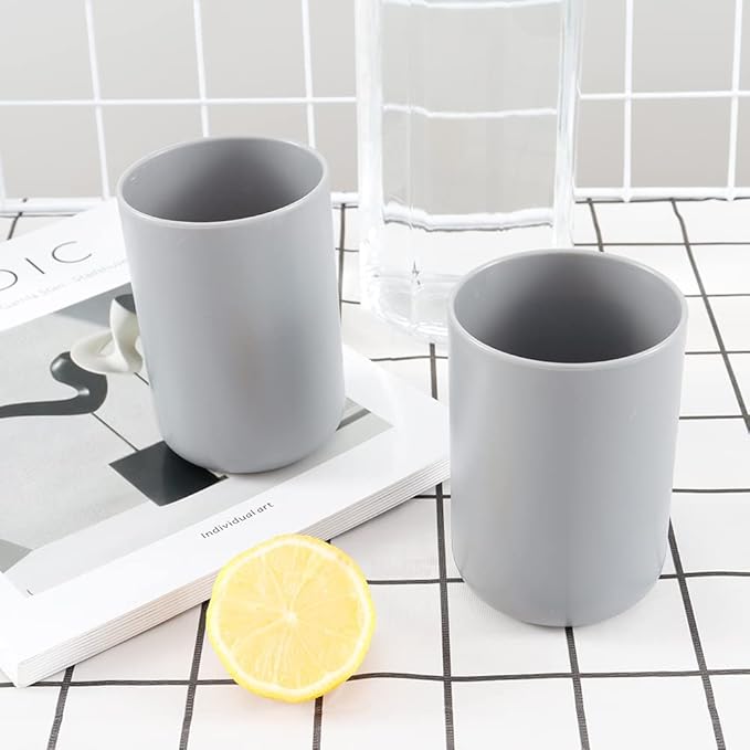 wongwongcat Bathroom Tumblers 2Pcs, Mouthwash Cup, Toothbrush Holders, Drink Mug, Pen Holder, Unbreakable Dishwasher Safe, 10fl.oz(300ml)/Pcs (Grey & Grey)