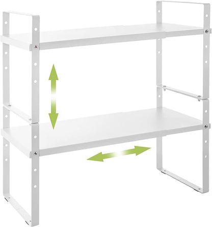 Expandable Cabinet Shelf Organizer Rack, Stackable Kitchen Counter Storage Shelves Stand, Adjustable Height Pantry Shelf Spice Rack (White, 2 Pack)