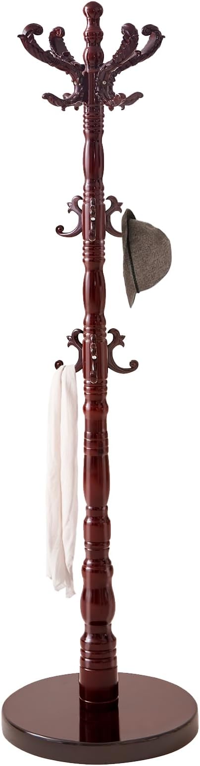 ZOZOE Wooden Classic Coat Rack Stand, Solid Wood Coat Rack Freestanding with 14 Hooks, Vintage Coat Racks with Sturdy Round Base, Natural Birch Wood Coat Tree Hanger Stand for Entryway Hallway