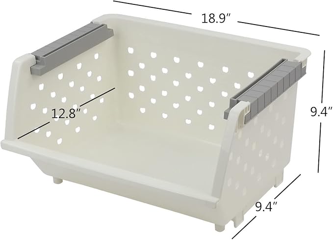 3 Pack Large Stackable Storage Bins Kitchen Plastic Stacking Basket, White