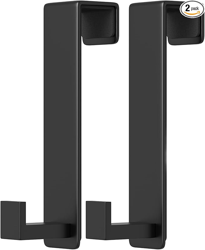 PMMASTO 2-Pack Over The Door Hooks - Rustproof Stainless Steel Door Hangers Fits for 1-3/4 Inch Thick Doors, Non-Marking and Tool-Free Easy Install (Black, L Shape)