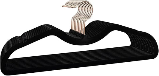 ZBODIMP Velvet Short Neck Hangers - Heavy-Duty, Non-Slip Felt Surface, Space-Saving Design with Anti-Slip Grooves & Shoulder Shape, 360° Rotating Hooks, Durable for Coats, Shirt& Dresses (10, Black C)