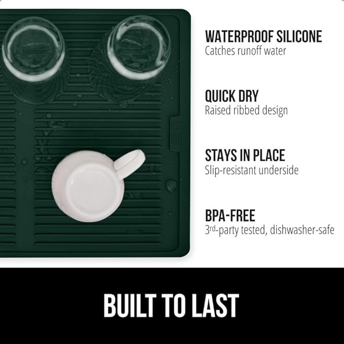 GORILLA GRIP 100% BPA-Free Silicone Dish Drying Mat for Kitchen Counter, 18x24, Quick Dry, Water Catching Ribbed Design, Easy Clean Waterproof Sink Liner, Heat Resistant, Fits Under Rack, Hunter Green