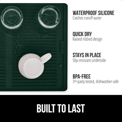 GORILLA GRIP 100% BPA-Free Silicone Dish Drying Mat for Kitchen Counter, Quick Dry, Water Catching Ribbed Design, Easy Clean Waterproof Sink Liner, Heat Resistant, Fits Under Rack, 12x16, Hunter Green