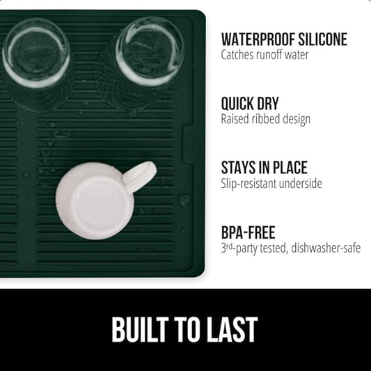 GORILLA GRIP 100% BPA-Free Silicone Dish Drying Mat for Kitchen Counter, Quick Dry, Water Catching Ribbed Design, Easy Clean Waterproof Sink Liner, Heat Resistant, Fits Under Rack, 12x16, Hunter Green
