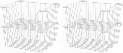 SANNO Stackable Wire Baskets for Organizing Pantry Storage and Organization Metal Bins Fruit Vegetable Organization Pantry Cabinet Metal Bin for Kitchen Counter Bathroom Shelves Storage，White,4