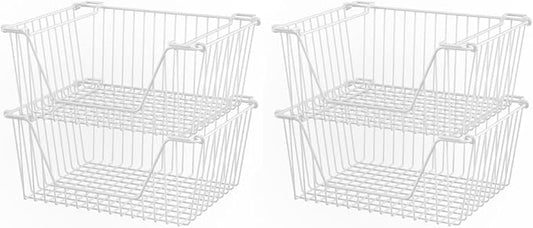 SANNO Stackable Wire Baskets for Organizing Pantry Storage and Organization Metal Bins Fruit Vegetable Organization Pantry Cabinet Metal Bin for Kitchen Counter Bathroom Shelves Storage，White,4