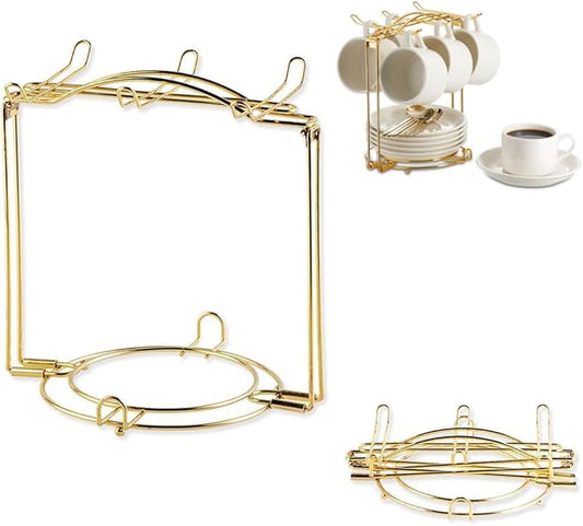 YOLIFE Tea Cup Holder for Countertop, Gold Metal Cup and Saucer Display Stand, Foldable Tea Station Organizer, Espresso Coffee Cups Rack for Home or Bar Decor