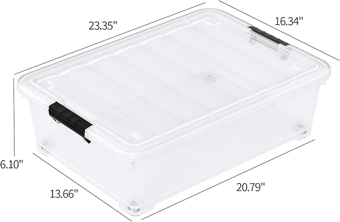 Zerdyne 25 L Clear Under Bed Storage Bins with Lids, 4-Pack Under Bed Plastic Latch Storage Box with Wheels