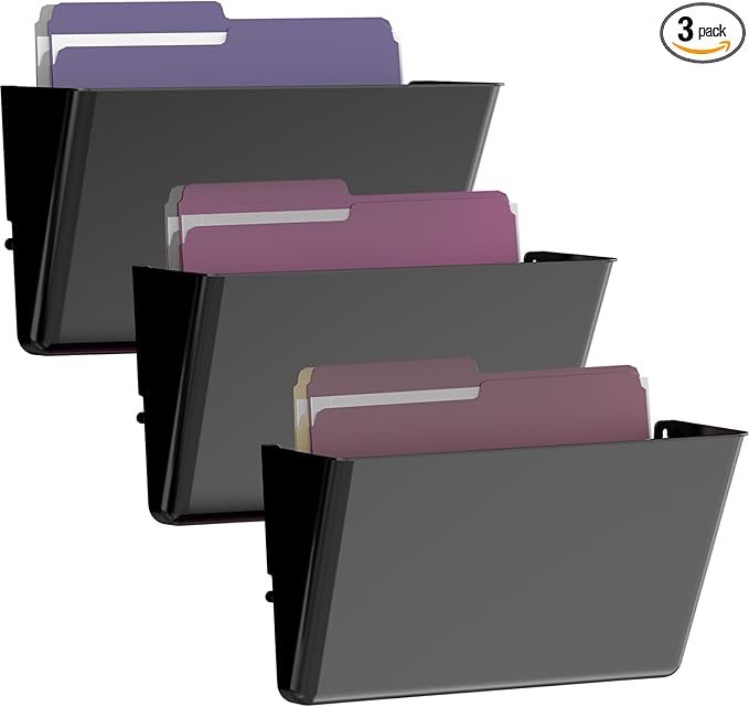 Clear Acrylic Single Pocket, Plastic Hanging Wall Mount File Holder for Office Home (Black, 3 Pack)