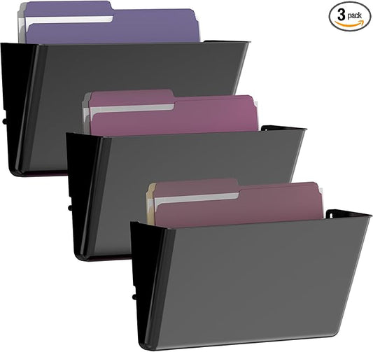 Clear Acrylic Single Pocket, Plastic Hanging Wall Mount File Holder for Office Home (Black, 3 Pack)