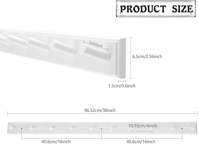 10 Hook Coat Rack Wall Mounted, Long 38 Inches Wooden Wall Coat Hanger with 10 Pegs, 16'' Hole to Hole Wall Coat Hooks for Hanging Towels, Hats, Backpacks, Clothing, Caps (White