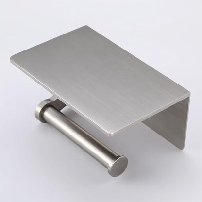 Toilet Paper Holder with Shelf - Toilet Tissue Holder with Cell Phone Shelf for Bathroom - Toilet Paper Roll Holder with Wipes Storage, Wall Mounted by Adhesive Tape or Screw - Brushed Nickel