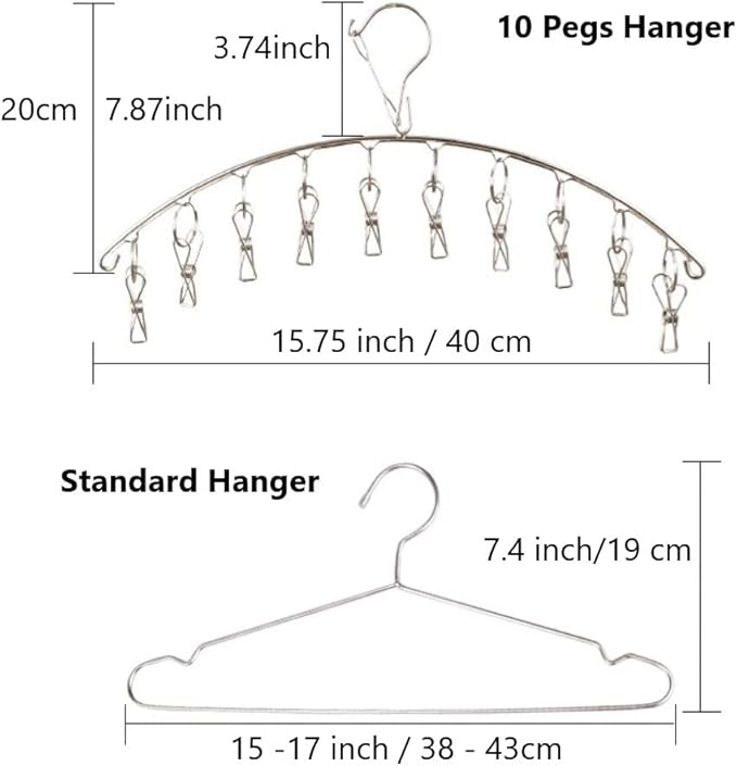 Clothes Hanger with 10 Clips, Stainless Steel, Windproof, for Drying Socks, Bras, Underwears, Baby Clothes, Hats, Scarfs, Towels, Pants and Gloves (4 Pack)