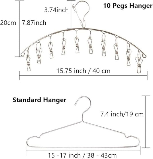 Clothes Hanger with 10 Clips, Stainless Steel, Windproof, for Drying Socks, Bras, Underwears, Baby Clothes, Hats, Scarfs, Towels, Pants and Gloves (4 Pack)