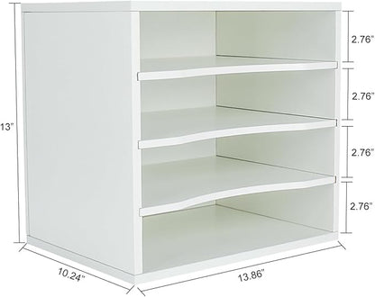 PAG Mail Sorter Organizer, Wood Countertop Literature Organizer, Office Supplies Desktop File Bill Paper Organizer for Office Home School, 4 Compartments, White