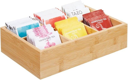 mDesign Bamboo Tea & Food Storage Organizer Container Box - Wooden Holder Case for Tea Bags, Coffee, Snacks, Sugar, Sweeteners, and Small Packets - Echo Collection - 2 Pack - Natural Wood