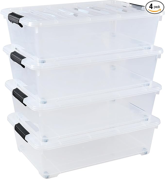 Minekkyes 4-Pack 25 Quart Large Plastic Underbed Clothes Storage Containers Bins, Wheeled Latching Box with Lids for Closet Organizers Shoes Underbed, Clear