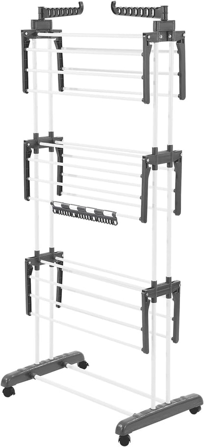 VEVOR Clothes Drying Rack, 4-Tier Foldable Laundry Dryer Rack, Metal Drying Racks with 24 Drying Rods, Free-Standing and Portable Hanger with 4 Castors and Two Side Wings for Outdoor & Indoor Use