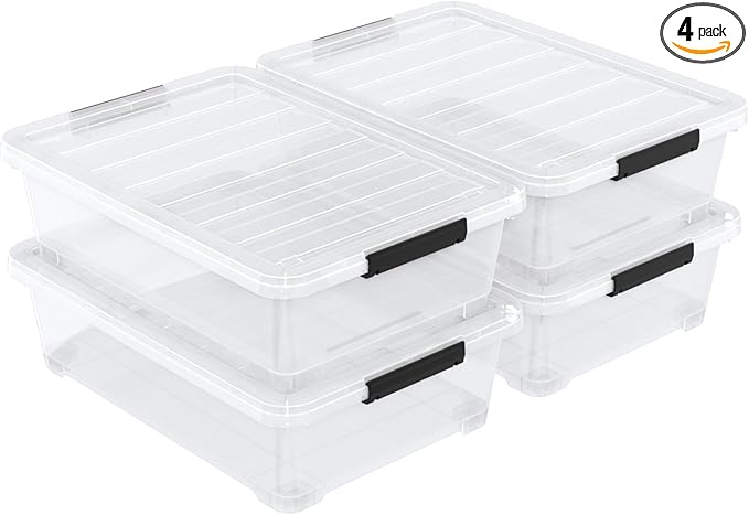 Tyminin Pack of 4 Stackable Plastic Containers with Durable Latching Lids, Under Bed Storage Containers, 40 Quart