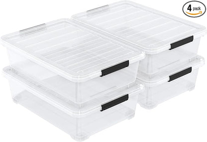 Tyminin Pack of 4 Stackable Plastic Containers with Durable Latching Lids, Under Bed Storage Containers, 40 Quart
