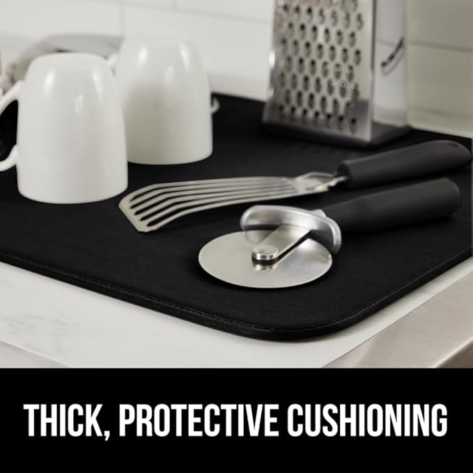 GORILLA GRIP Ultra Water Absorbent Microfiber Dish Drying Mat, 18x32, Quick Dry Thick Mesh, Slip Resistant Pad for Sink Dishes or Under Rack, Kitchen Counter Accessories, Machine Wash Mats, Black