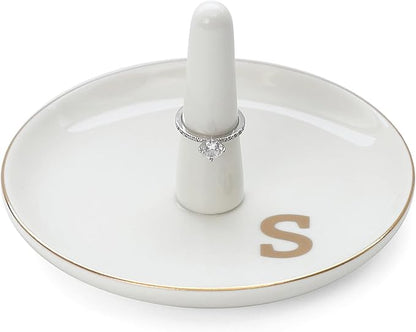 HOME SMILE Initials Ring Holder Jewery Tray with personalized S-Monogrammed Engagement Gifts for Friends,Birthday Mother's Day Christmas Gifts for Women,Ceramic White