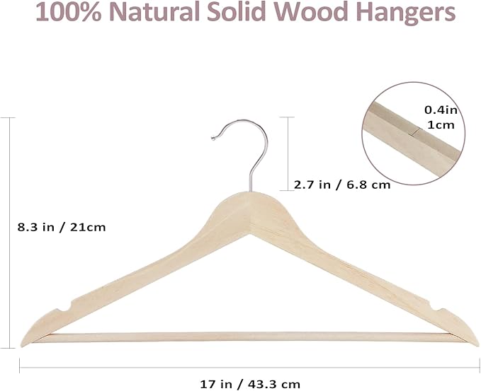 ROSOS Solid Wood Hangers - 30 Pack with 360 Swivel Chrome Hook, Smooth Finish & Precisely Cut Notches, Slim Wooden Coat Hangers for Closet, Natural
