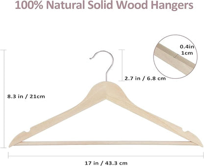 ROSOS Solid Wood Hangers - 30 Pack with 360 Swivel Chrome Hook, Smooth Finish & Precisely Cut Notches, Slim Wooden Coat Hangers for Closet, Natural