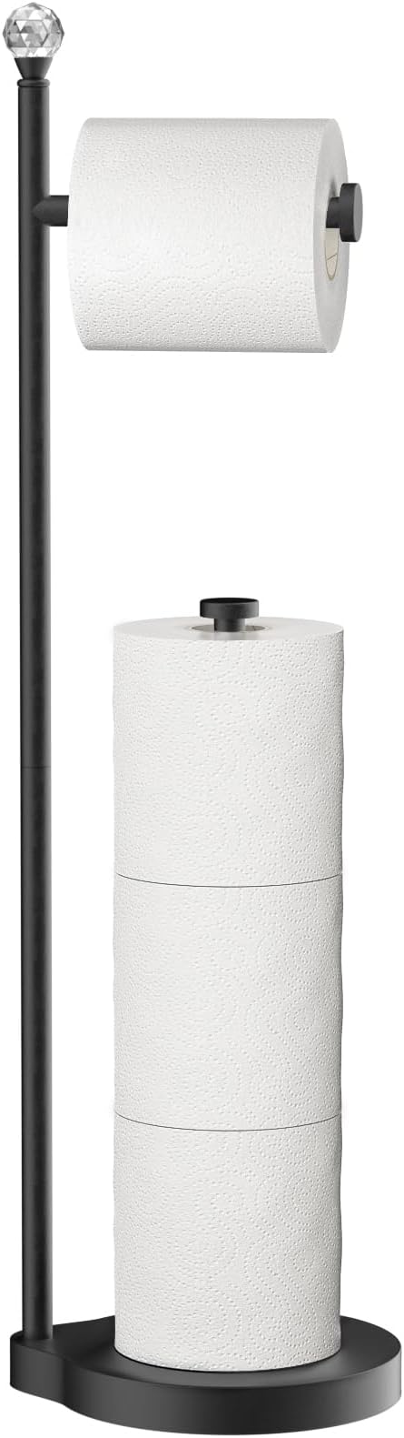 Toilet Paper Holder for Bathroom, Heavy Weighted Metal Free Standing Toilet Paper Storage with Crystal Ball, Toilet Paper Stand for Bathroom Accessories, Matte Black [Holds MEGA Rolls]