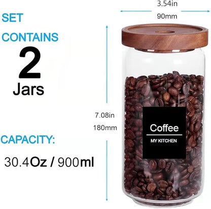 SAIOOL Home Borosilicate Glass Kitchen jars/Canisters with Acacia Wood Airtight Lid Set-2 Pack 30Oz/900ml,Minimalist Preprinted Farmhouse Style. White Matte Sticker Black Text.