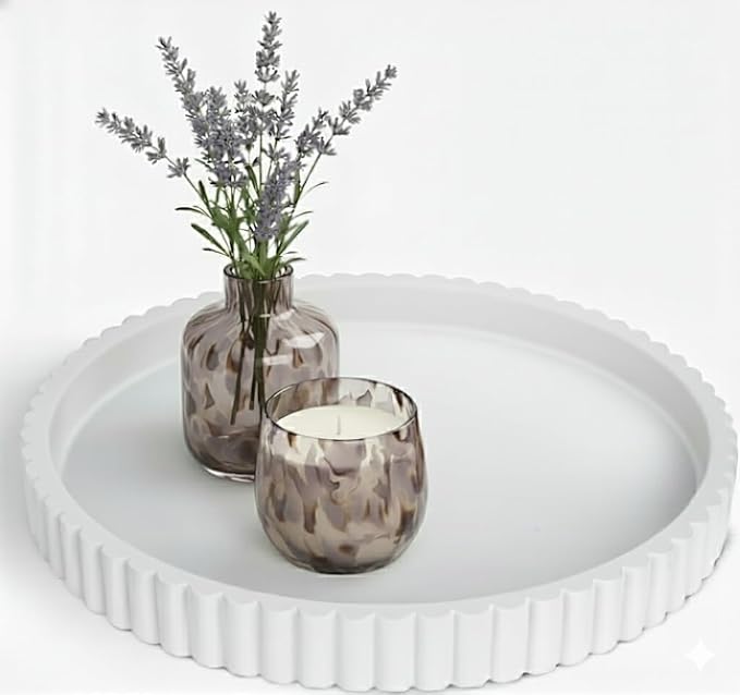 Vivere Home 13-Inch Round Coffee Table Tray - Concrete Round White Decorative Tray for Coffee Table Decor - Table Centerpieces Kitchen Island Trays Decorative Trays - Dining Room Tray White
