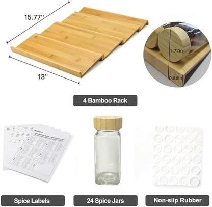 KitHero Spice Drawer Organizer with 24 Bamboo-lidded Spice Jars and 216 Labels,Non-slip Rubber, Bamboo 4 Tier Spice Racks Tray Seasoning Containers for Kitchen Drawers,Cabinets,13" Wide * 15.8" Deep