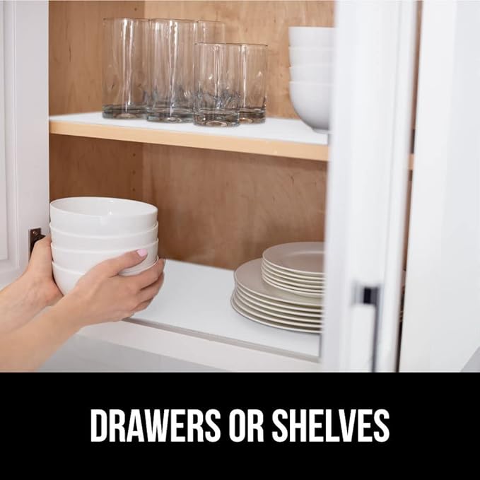 GORILLA GRIP DripGuard Shelf Liner, Non Adhesive Drawer and Kitchen Cabinet Protector, Slip Resistant BPA Free Smooth Surface Plastic Liners for Cabinets, Bathrooms, Closets, 17.5x240 Inch, White