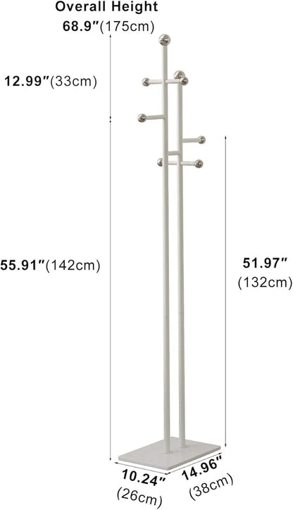 Free Standing Coat Rack with Marble Base & 8 Steel Hooks Clothes Rack for Entryway Bedroom Living Room Hotel 14.96 x 10.24 x 68.9 Inches (White)