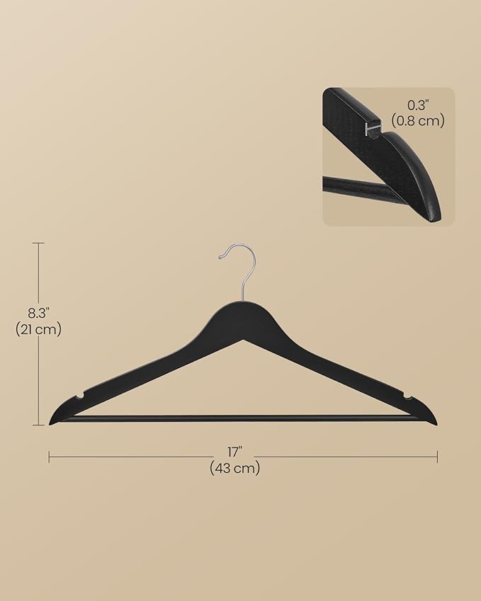 SONGMICS Wooden Hangers, Pack of 30, Coat Hangers, Pants Bar, 360° Swivel Hooks, Solid Birch Wood, Space Saving, for Jackets, Shirts, Coats, Ink Black UCRW030B01
