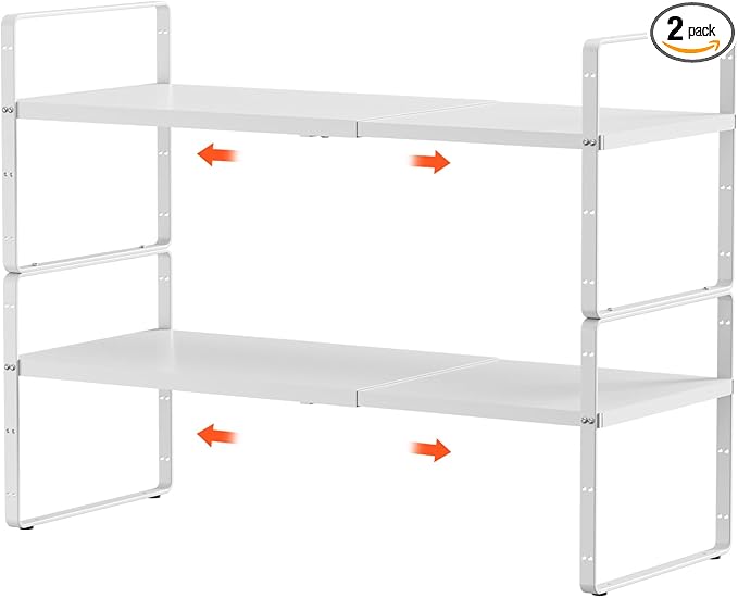 jkxoo 2Pack 16.5-27’’L Expandable Kitchen Shelf Organizer, Stackable Shelves Organizer, Adjustable Height Pantry Spice Rack for Cabinet, Countertop, Pantry and Cupboard, White