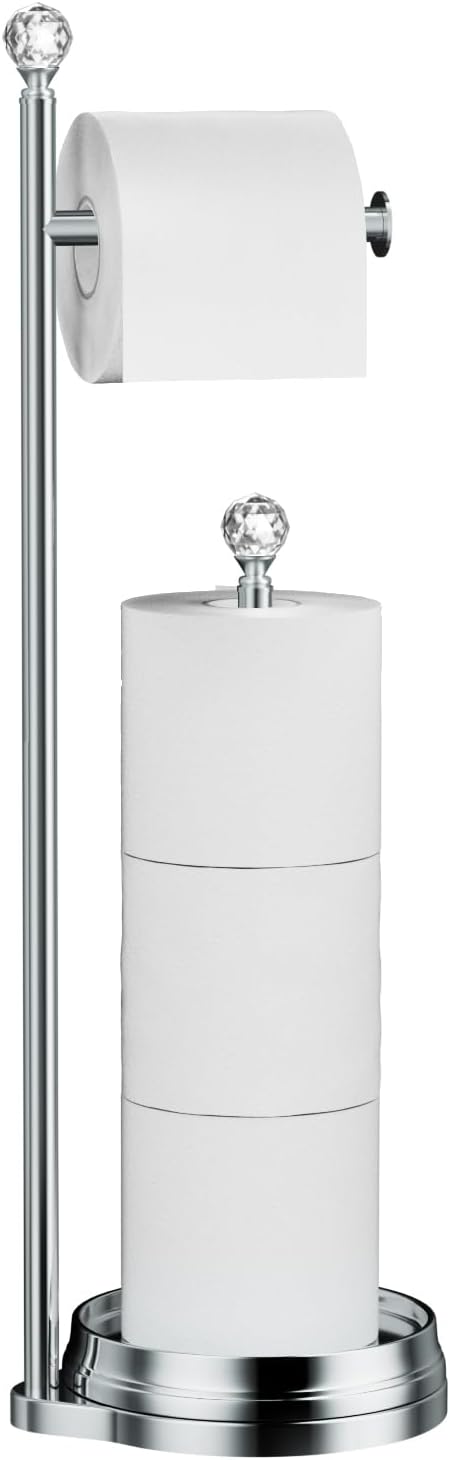 Toilet Paper Holder for Bathroom, Heavy Weighted Metal Free Standing Toilet Paper Holder Stand with Crystal Ball, Toilet Paper Roll Stand for Bathroom Accessories
