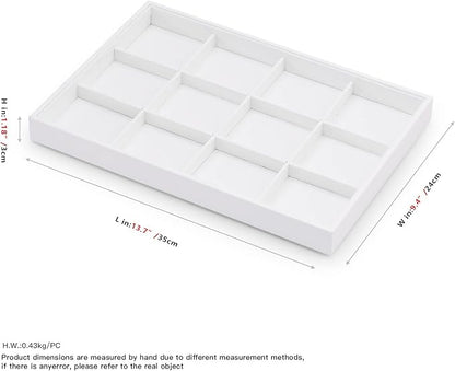 Premium White PU Leather Jewelry Organizer Tray - 12 Grids Display Tray for Earrings, Rings, Bracelets, Necklaces - Dresser & Countertop Storage (35x24cm) - Elegant Jewelry Display for Retail