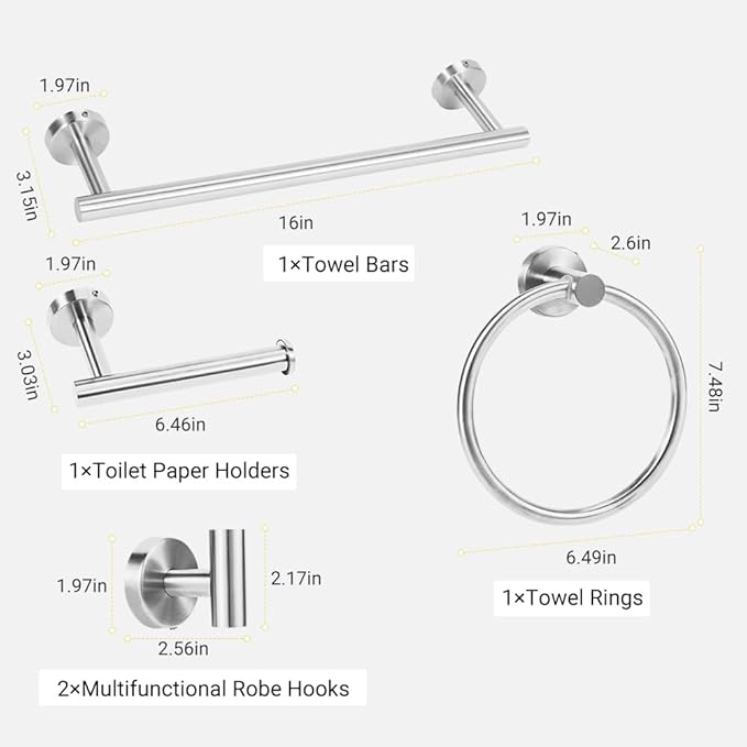 Brushed Silver Bathroom Towel Bar Set, 5-Piece Stainless Steel Hardware Bathroom Accessories, 16" Towel Racks for Bathroom Walls