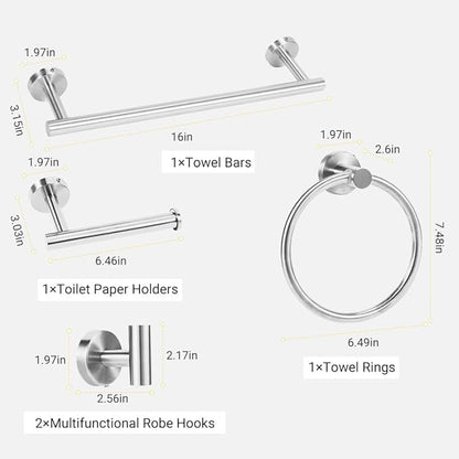Brushed Silver Bathroom Towel Bar Set, 5-Piece Stainless Steel Hardware Bathroom Accessories, 16" Towel Racks for Bathroom Walls