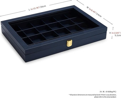 Oirlv Premium Blue Leather 24 Grid Jewelry Tray with Transparent Lid Earrings Rings Organizer Box Stackable Jewelry Box Drawer Inserts Women Gift