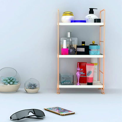 kaileyouxiangongsi Plastic/Metal Freestanding Stackable Organizer Shelf,Bathroom Countertop Storage Shelf Cosmetic Organizer Holder Kitchen Spice Rack,3-Tier Standing Rack (Rose Gold)