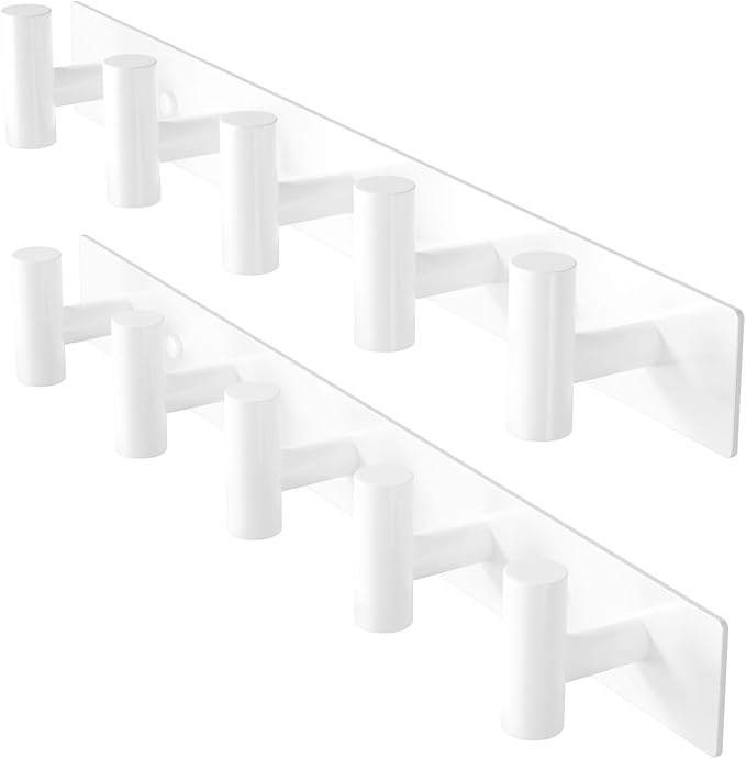 White Wall Mounted Coat Rack – 5 T-Shaped Pegs for Hats, Bags & Towels, Heavy-Duty Metal Rail for Entryway, Bathroom, Closet, Bedroom (2 Pack)