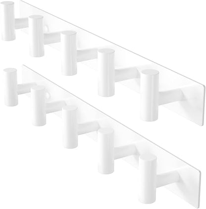 White Wall Mounted Coat Rack – 5 T-Shaped Pegs for Hats, Bags & Towels, Heavy-Duty Metal Rail for Entryway, Bathroom, Closet, Bedroom (2 Pack)