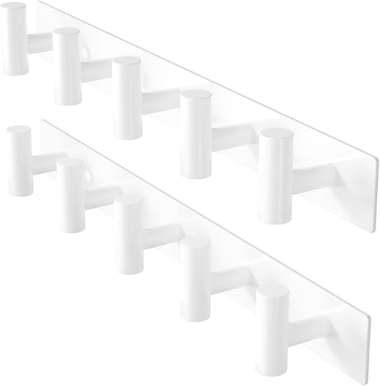White Wall Mounted Coat Rack – 5 T-Shaped Pegs for Hats, Bags & Towels, Heavy-Duty Metal Rail for Entryway, Bathroom, Closet, Bedroom (2 Pack)